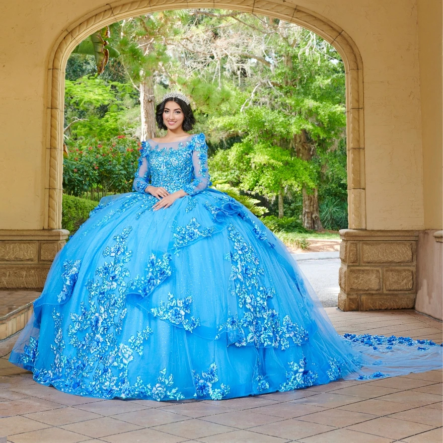 Gorgeous Princess Quinceanera Dresses Long Sleeve 3D Floral Lace Appliques Ball Gown Sweet 15 Girls Dress Blue Tulle Brithday Prom Special Occasion Go
