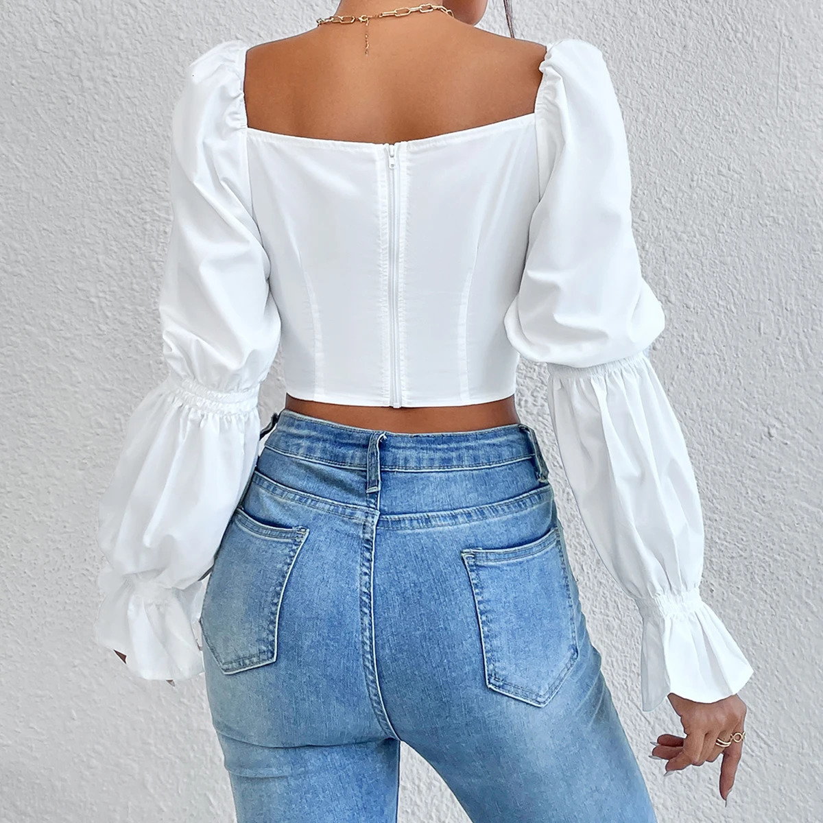 Women s Blouses Shirts Vemina Arrivals Autumn Winter Y2K Street Style Slim Women White Sexy Bow Backless Puff Long Sleeves Crop Top 231025