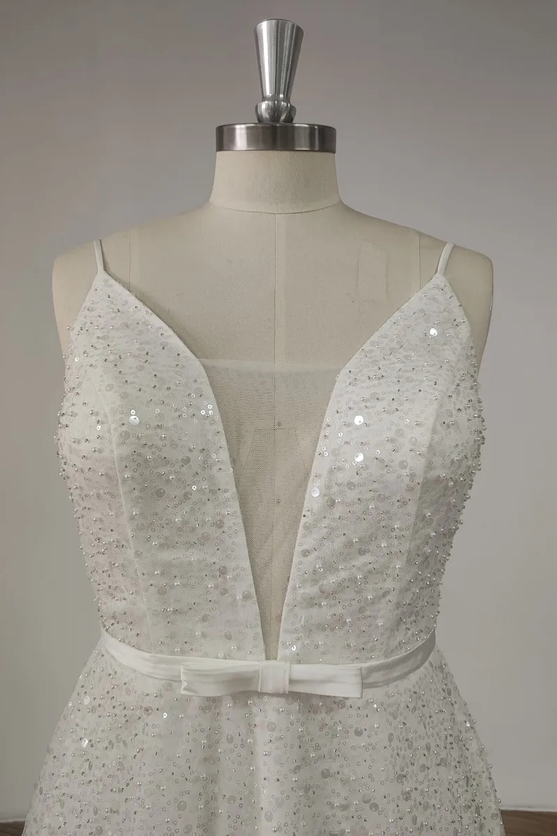 Glitter Backless Boho Wedding Dresses 2024 Deep V-neck Shiny Sequined Bridal Party Gown A-Line Side Slit Sweep Train Backless Vestido de Novia