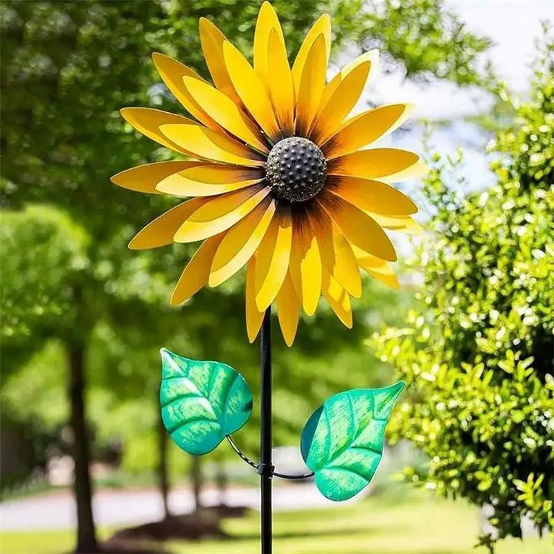 Garden Decorations Sunflower Windmill Metal Rotating Sunflower Wind Spinner With Stake Standing Lawn Flower Pinwheel Outdoor Garden Decor Kids Toy 231025