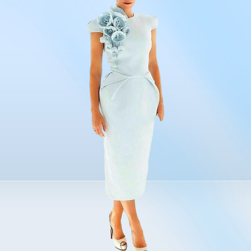 Sky Be Ps Size MOTHER Of The Bride Dresses Jewel Neck Cap Sleeves Tea Length Flowers Ps Size Dress Wedding Guest Gowns