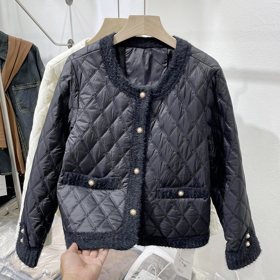 2023 Autumn New C Diamond Grid Mink Wool Splice Small Fragrance Cotton Coat Women's Short Lightweight Cotton Coat Coat