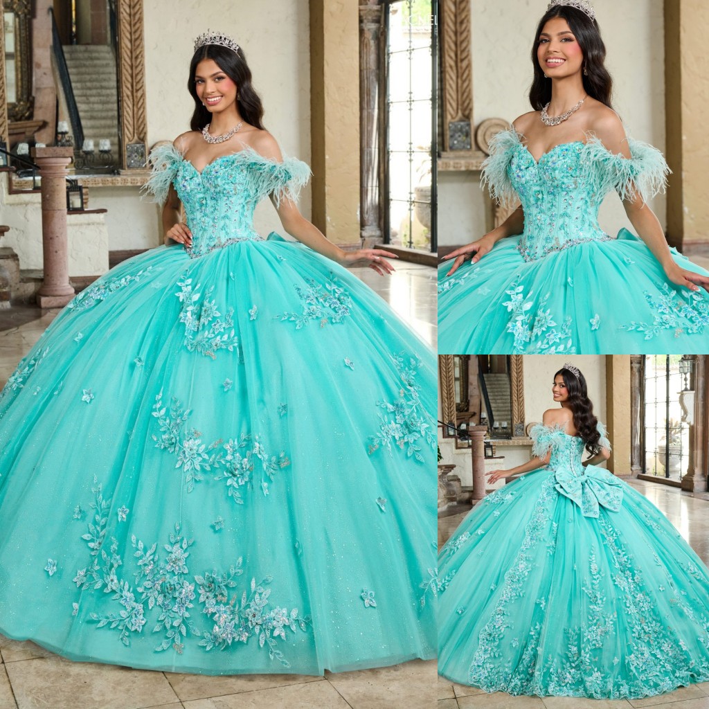 Ball Stunning Gown Beaded Quinceanera Dresses Lace Prom Gowns Appliqued Feathers Off The Shoulder Necke Tulle Sweet Masquerade Dress