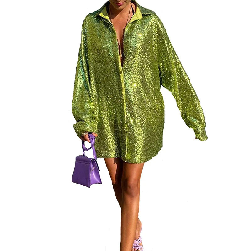 Urban Sexy Dresses Sequins Blouses Women Shirt Long Sleeve Dress Women Green White Shirt Solid Oversized Shirt Party Club Sexy Outfits Y2k Vestido 23
