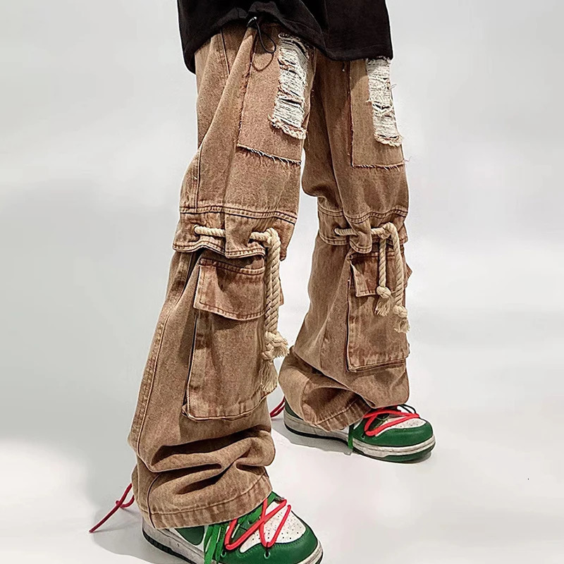 Mens Jeans PFNW Hip Hop High Street American Vintage Trendy Loose Workwear Straight Wide Leg Denim Pants Chic Punk 12Z4513 231024