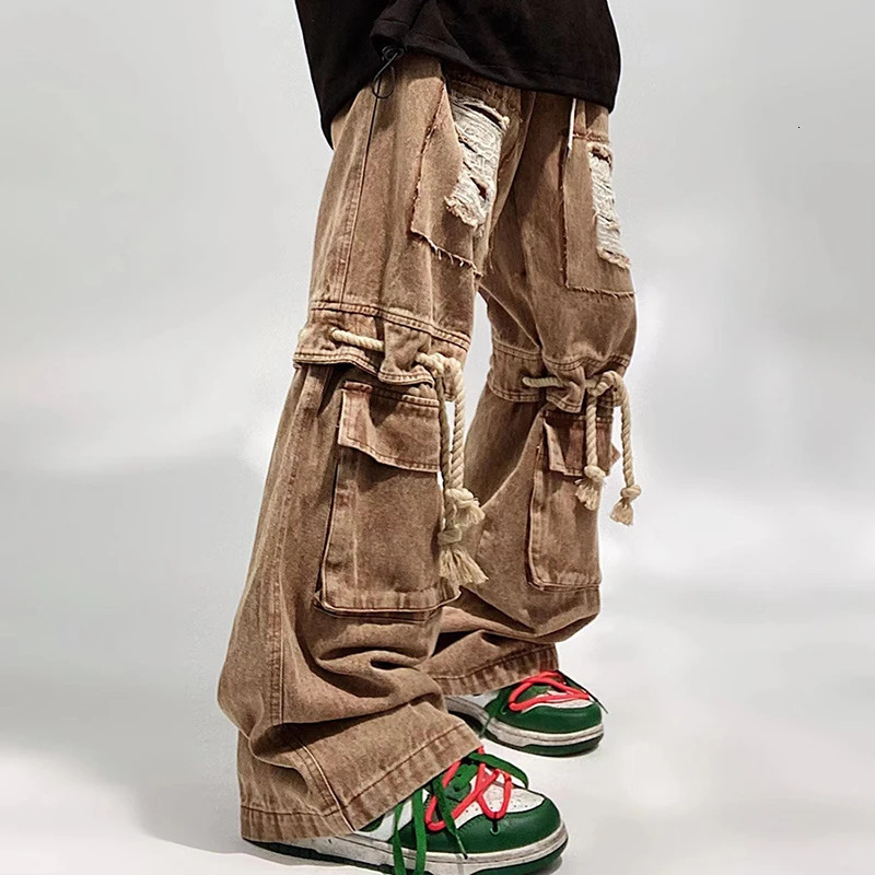 Mens Jeans PFNW Hip Hop High Street American Vintage Trendy Loose Workwear Straight Wide Leg Denim Pants Chic Punk 12Z4513 231024