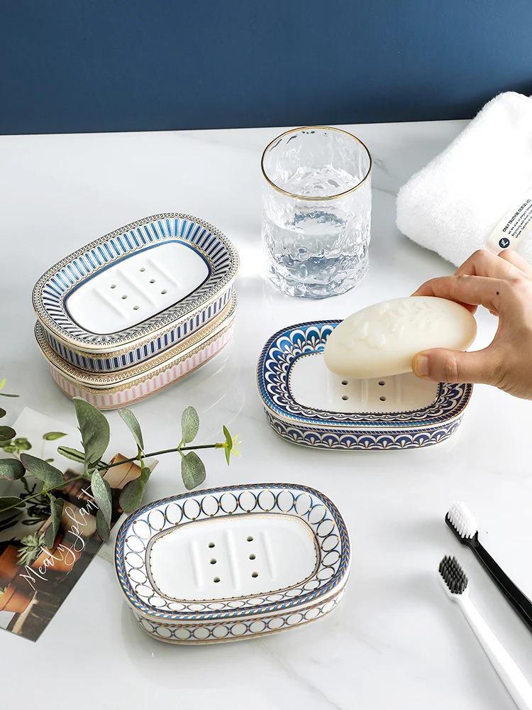 Soap Dishes Nordic Home And el Gold Inlay Double Layer Soap Holder Bathroom Ceramic Soap Dish With Drain Porte Savon 231024