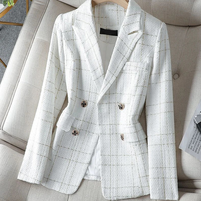 Womens Suits Blazers Tweed White Plaid Longsleeved Top Jacket Autumn and Winter Korean Style Fashionable Elegant Loose Casual Suit 231025