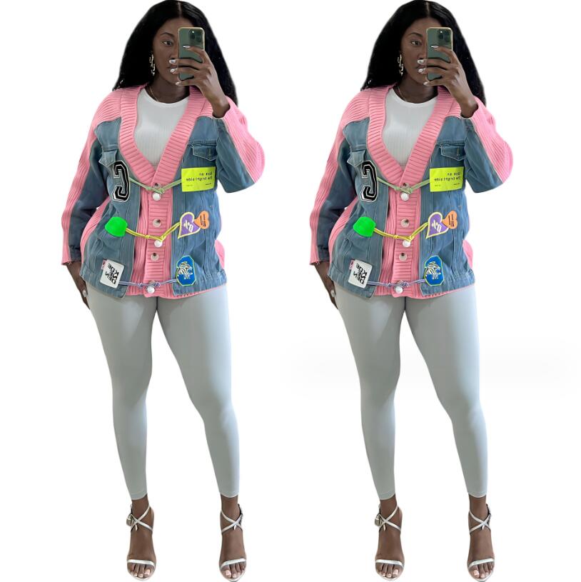 Women's Sweaters 2023 Autumn/Winter New Denim Spliced Cardigan Knitted Women's Sweater Fashion Women's Coat