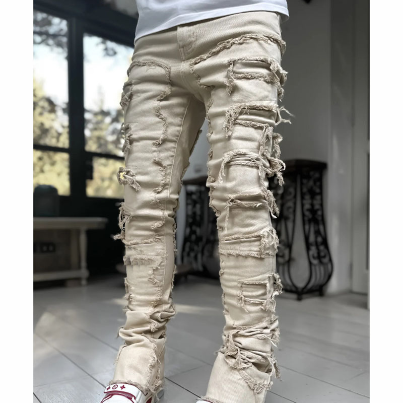 Men's Jeans Regular Fit Stacked Patch Distressed Destroyed Straight Denim Pants Streetwear Clothes Casual Jean