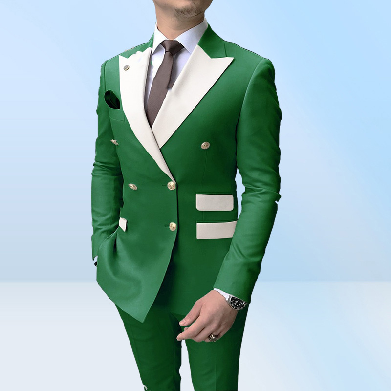Double Breasted Men Suits Light Green and White Groom Tuxedos Peak Lapel Groomsmen WeddingProm Man 2 Pieces JacketPantsT