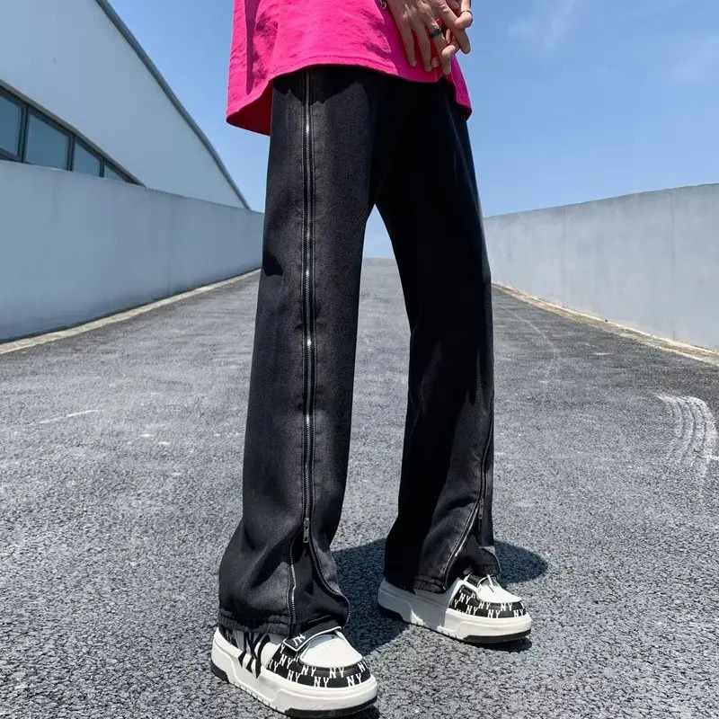 Mens Jeans Y2K Fashion Vintage Black Flared Baggy Pants Men Clothing Split Zipper Straight Hip Hop Denim Trousers Pantaloni Uomo 231025