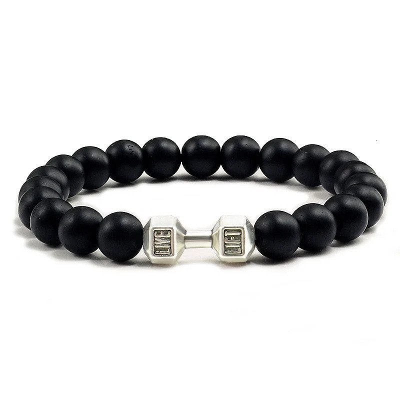 Charm Bracelets High Quality Men Beaded Bracelet Natural Black Lava Stone Dumbbell Charm Bracelets Energy Fitness Barbell Fashion Women Jewelry 231025
