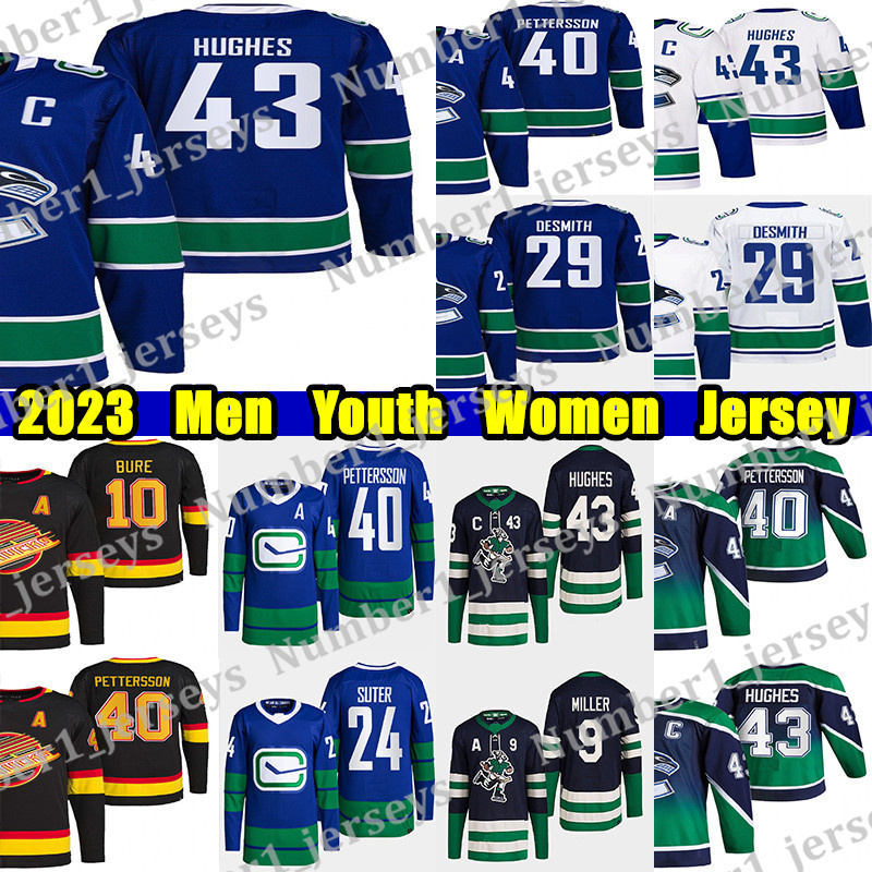 #43 Quinn Hughes hockey jersey #40 Elias Pettersson Brock Boeser Sam Lafferty Casey DeSmith Trevor Linden J.T. Miller Pavel Bure Custom Men Youth Women jerseys