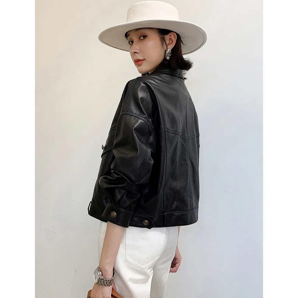 0C41N581 Genuine Leather Women's Coats Short Style Casual Versatile Jacket Spring and Autumn Appear Thin Motorcycle Sheepskin