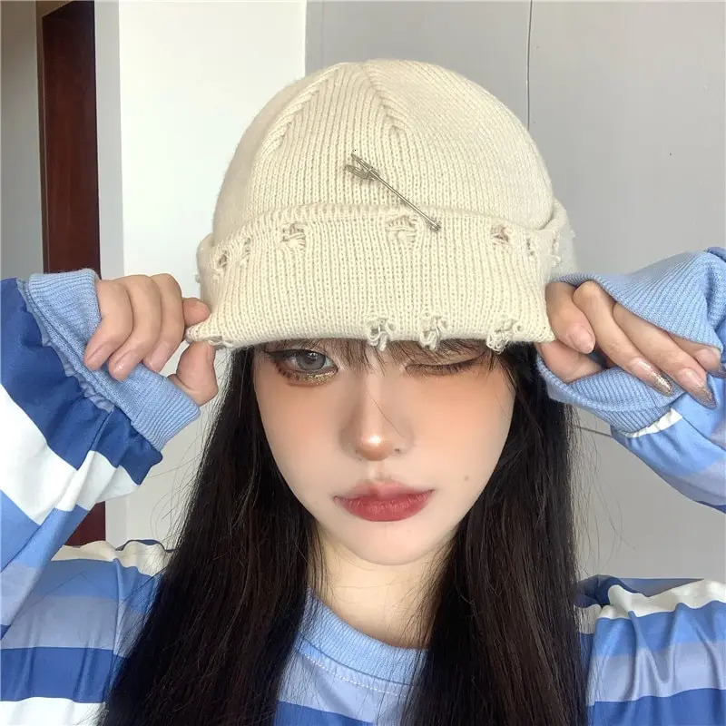 Beanie Skull Caps Winter Harajuku Y2K Knitted Hat Women Fashion Warm Thick Men Hip Hop Pin Hole Skullcap Short Unisex Basic Cap 231025