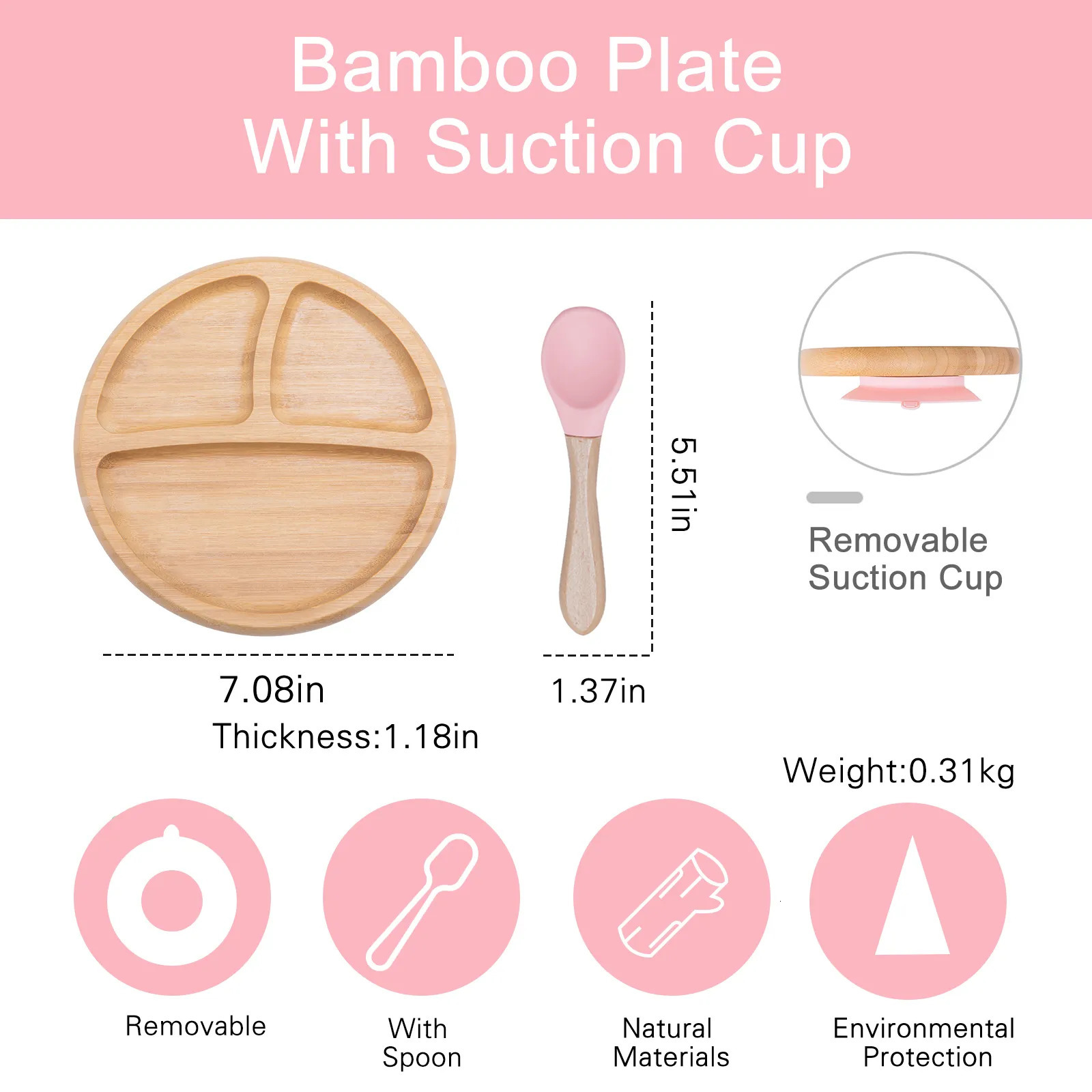 Cups Dishes Utensils 2Pcs Baby Wooden Partition Feeding Tableware Set Toddles Soild Food Feeding Spoon Dish Plate with Suction Cup Children's Stu
