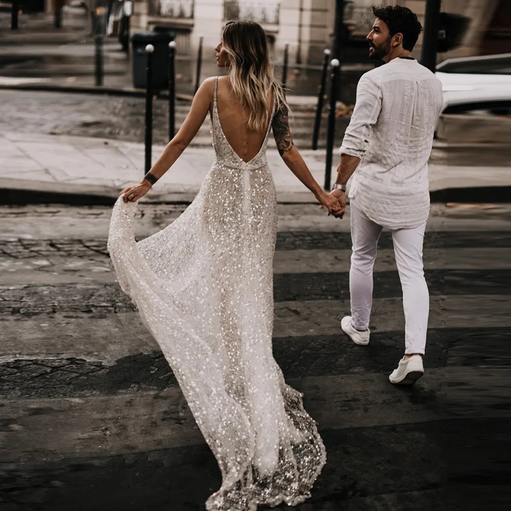 Glitter Backless Boho Wedding Dresses 2024 Deep V-neck Shiny Sequined Bridal Party Gown A-Line Side Slit Sweep Train Backless Vestido de Novia
