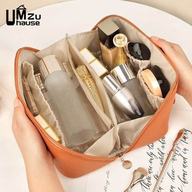 Cosmetic Bags Cases Bag Leather Large Case with Zipper Makeup Toiletries Brush Lipstick Pocket Big Storage Women Travel Portable Organizers 231025