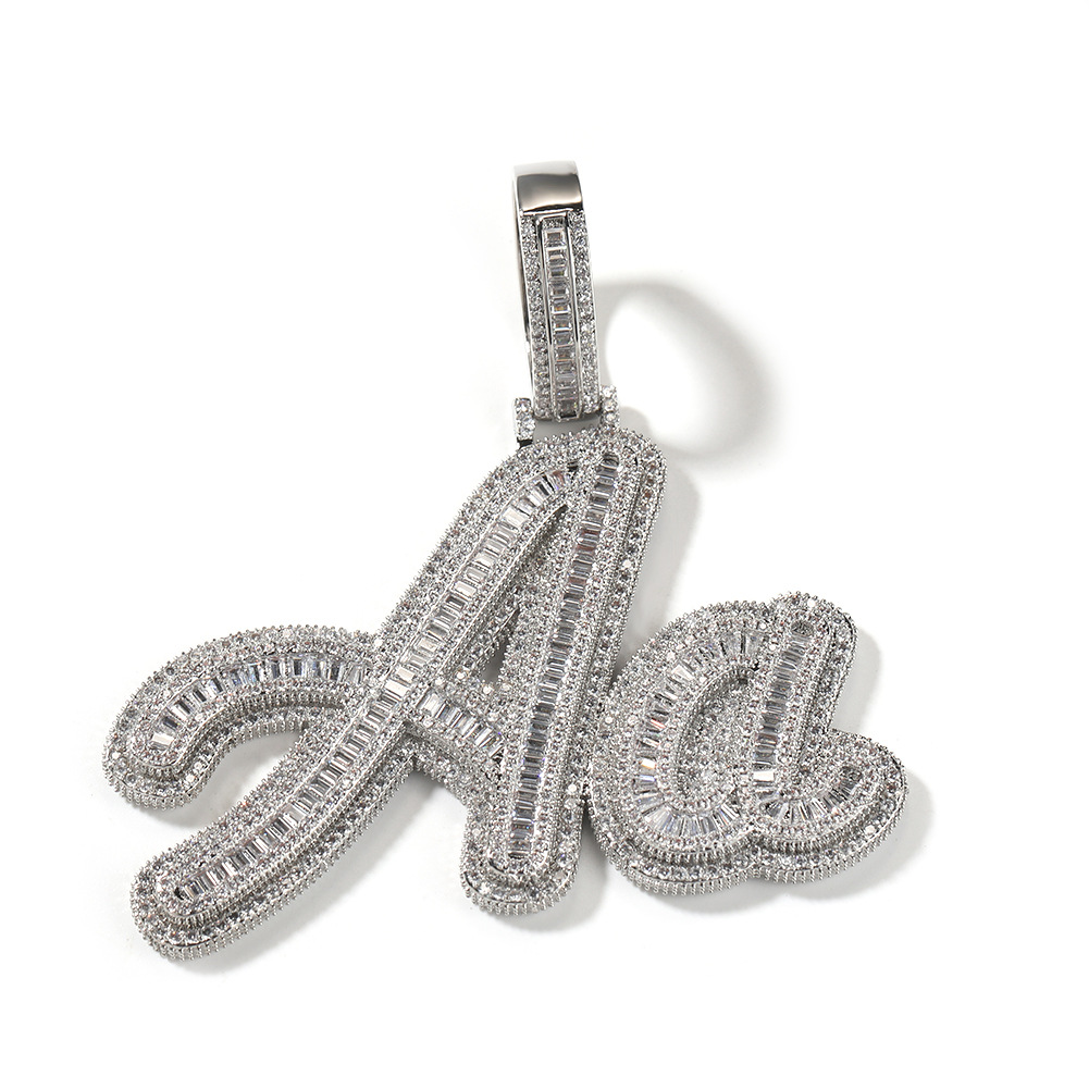 Custom Baguette CZ Cursive Letter Name Pendant Iced Out Cubic Zirconia Personalized Chain Necklace Hiphop Letters Jewelry
