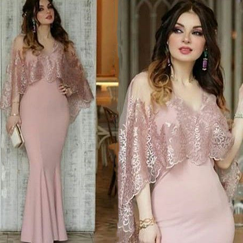 Elegant Light Pink Mermaid Evening Dresses Cape Lace Sleeves V-Neck Floor Length Formal Occasion Gowns For Women 2024 Long Prom Dress