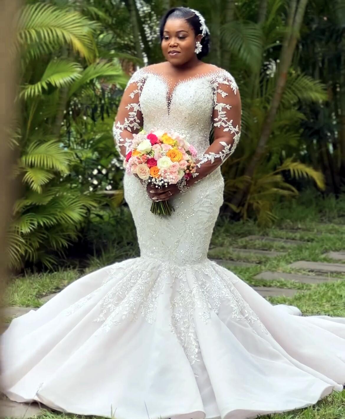 2023 Oct Arabic Aso Ebi Plus Size Luxurious Lace Mermaid Wedding Dress Beaded Ivory Bridal Gowns Dresses ZJ024