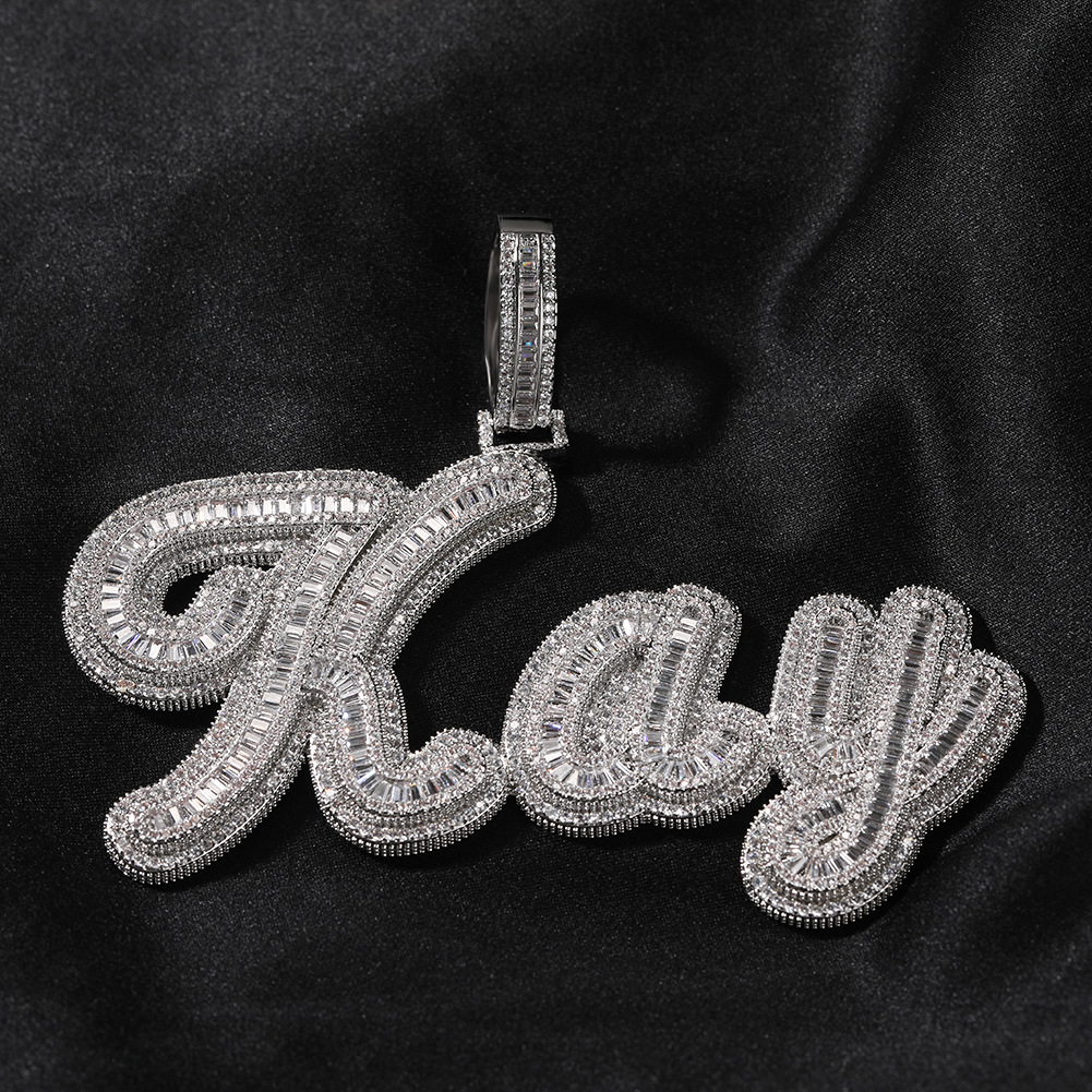 Custom Baguette CZ Cursive Letter Name Pendant Iced Out Cubic Zirconia Personalized Chain Necklace Hiphop Letters Jewelry