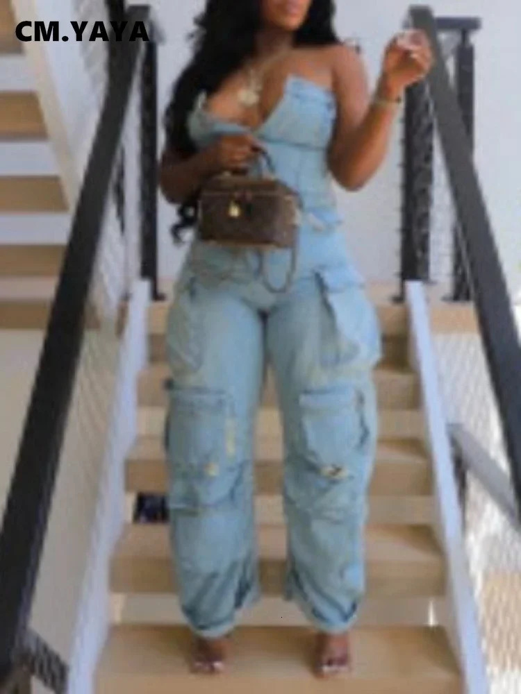 Women s Two Piece Pants CM YAYA Fashion Women Strapless Button Front Ruched Cargo Jumpsuit 2023 Autumn Sexy Party Street Playsuit One Suit Romper 2310