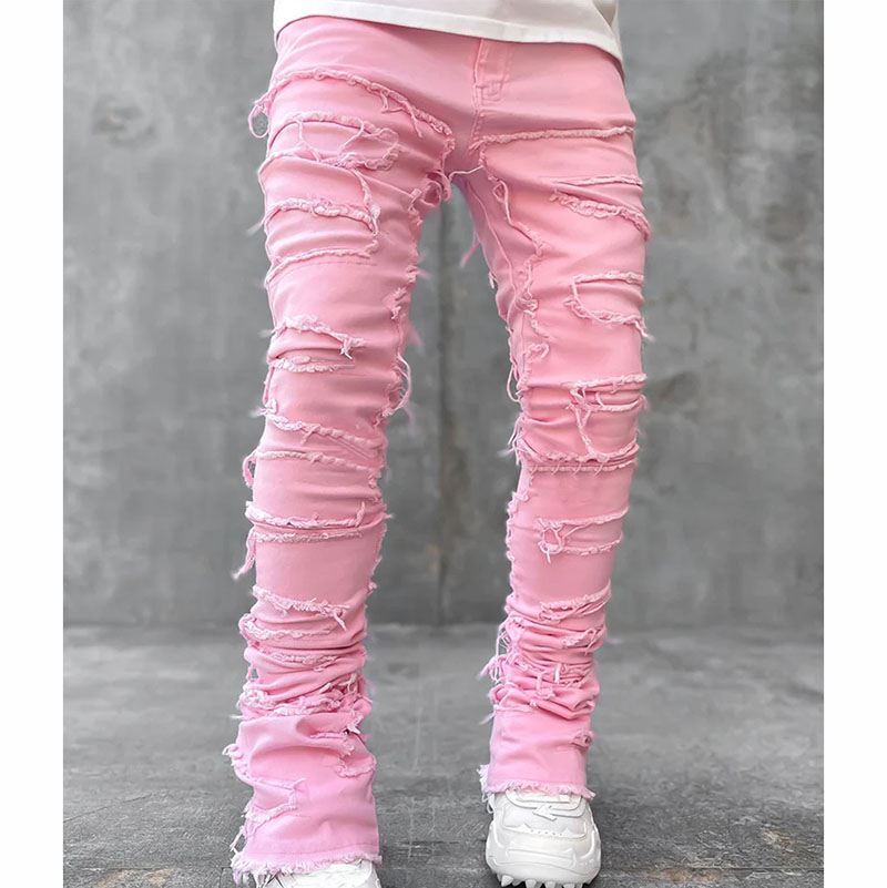 Men's Jeans Regular Fit Stacked Patch Distressed Destroyed Straight Denim Pants Streetwear Clothes Casual Jean