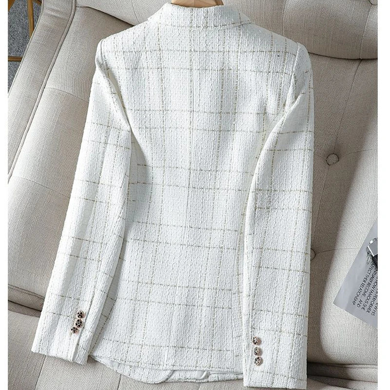 Womens Suits Blazers Tweed White Plaid Longsleeved Top Jacket Autumn and Winter Korean Style Fashionable Elegant Loose Casual Suit 231025