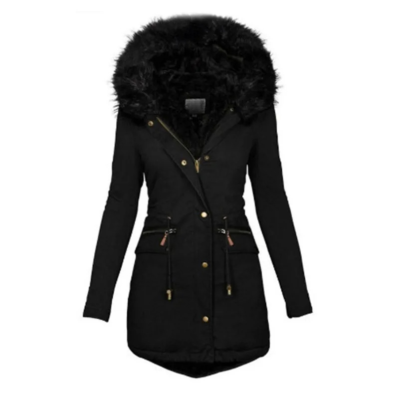 Women's Down Parkas Winter Slim Fit and Slim Women's Solid Color Wool Collar Hooded Mid length Warm Zipper Cotton Coat 231025