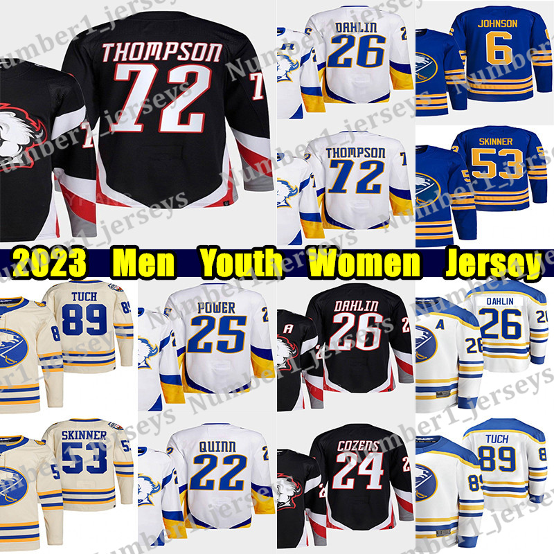 #72 Tage Thompson hockey jersey #27 Devon Levi Rasmus Dahlin Dylan Cozens Owen Power Kyle Okposo Alex Tuch Tyson Jost Erik Johnson Custom Men Youth Women jerseys