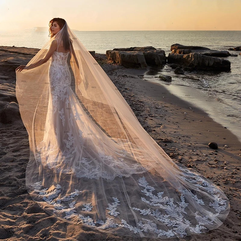 Boho Mermaid Floral Weeding Dress Deep V-Neck Lace Appliques Bridal Gownss Brides Robes De Mariee