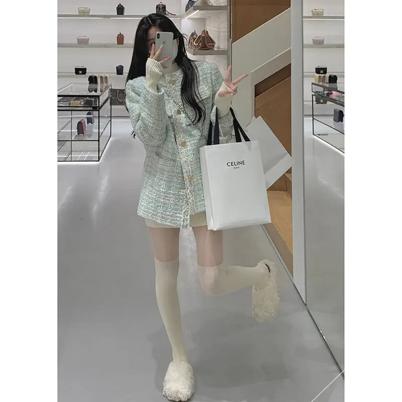 Women's Suits Blazers Spring Blue Woven Tweed Short Suit Coat Women's Loose Round Neck Heavy Industry Ladies 231025