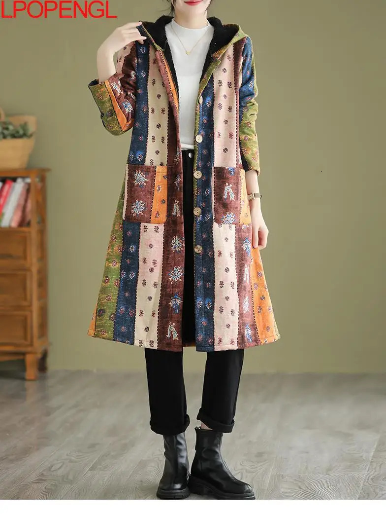 Women's Down Parkas Fashion Autumn And Winter Ethnic Style Thickened Mid-length Hooded Cotton Jacket Women Single Breasted Wide-waisted Coat 2310