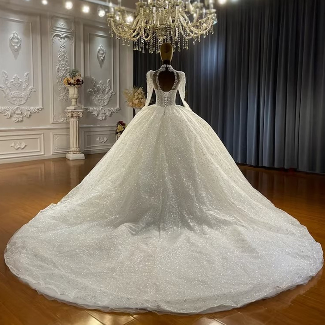Sexy Lace Appliques Party Gowns Long Sleeve High Wedding Dresses Backless Elegant A-E Vestidos De Novia 0906