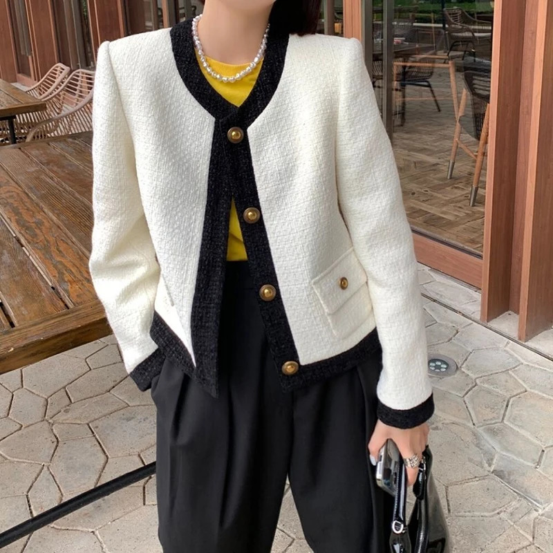 Women's Jackets Vintage Elegant Tweed Cropped Jackets Women Korean Patchwork Short Coat Spring Autumn Streetwear All Match Casual Outerwear Tops 