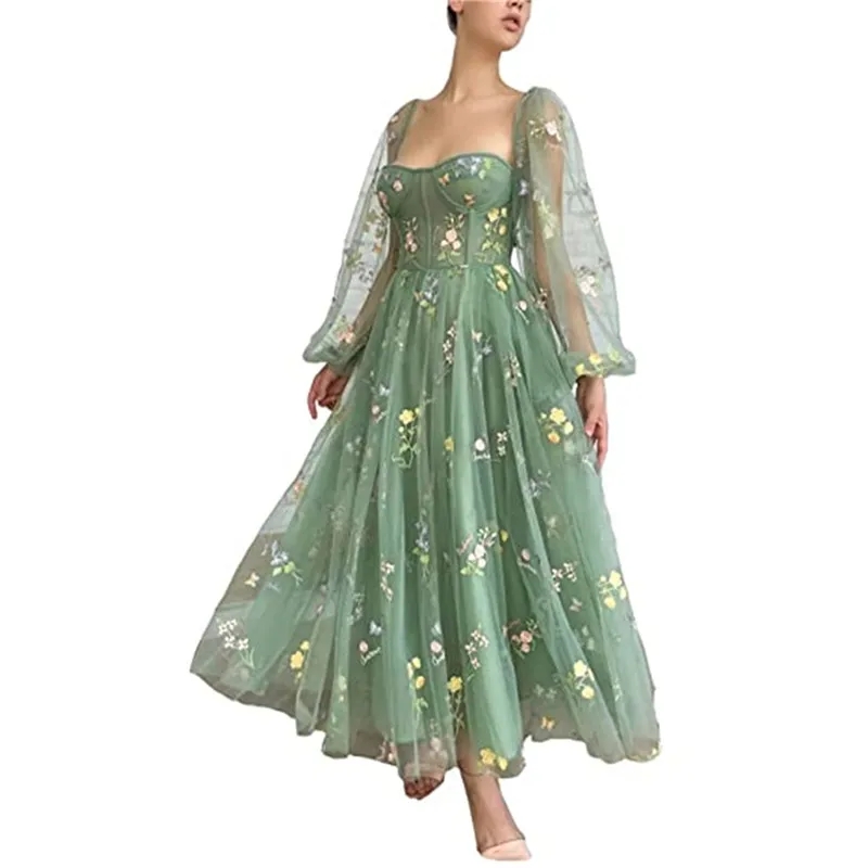 Women Puffy Sleeve Tulle Fairy ral Lady Chic Tea Length Summer Bridesmaid Dress wer Lace Formal Evening Prom Gowns