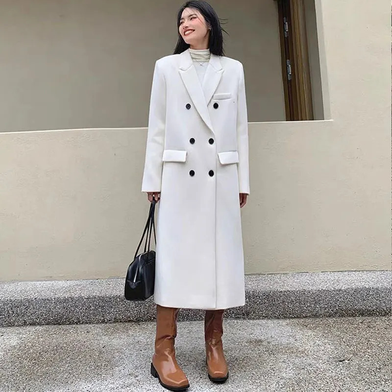 Women's Wool Blends Korea White Windbreaker Woolen Coat Woman Winter Autumn Turn Down Collar Double Breasted Thick Warm Long Ladies Coat Outwear 