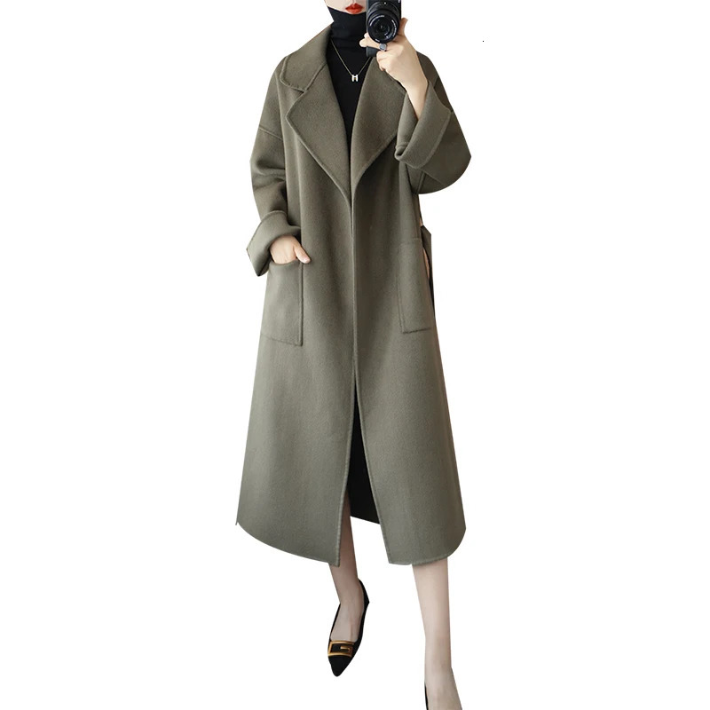 Women's Wool Blends Autumn and Winter pure wool reversible woolen coat Women's Mid-length woolen coat loose overknee cashmere woolen coat th