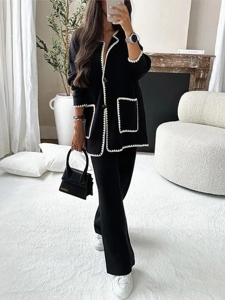 Women's Down Parkas Women Elegant Patchwork Woolen Coat Fashion Long Sleeve With Pocket Jacket Autumn Casual Office Lady High Street Outerwear 23