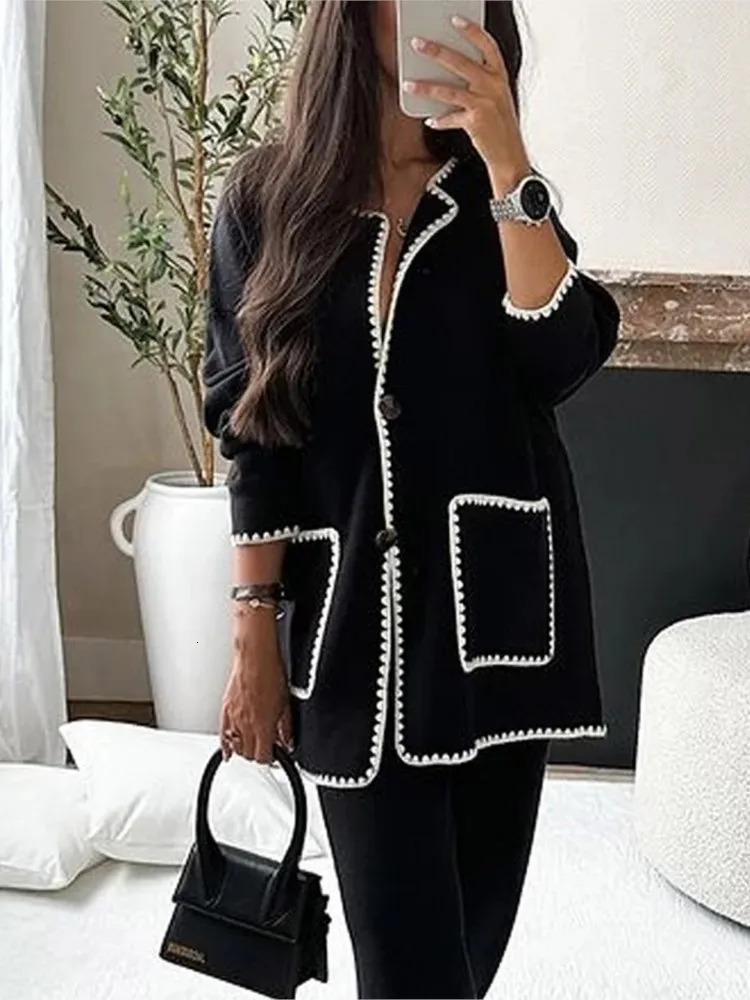 Women's Down Parkas Women Elegant Patchwork Woolen Coat Fashion Long Sleeve With Pocket Jacket Autumn Casual Office Lady High Street Outerwear 23