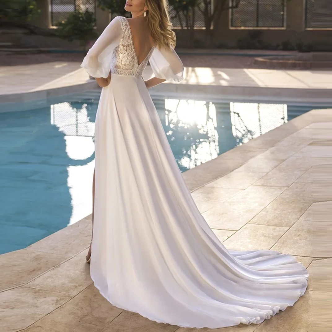 Chiffon Wedding Dresses A-Line Split V Neck Bridal Gownss Vintage Appliques Party Vestidos Dovia Custom Made