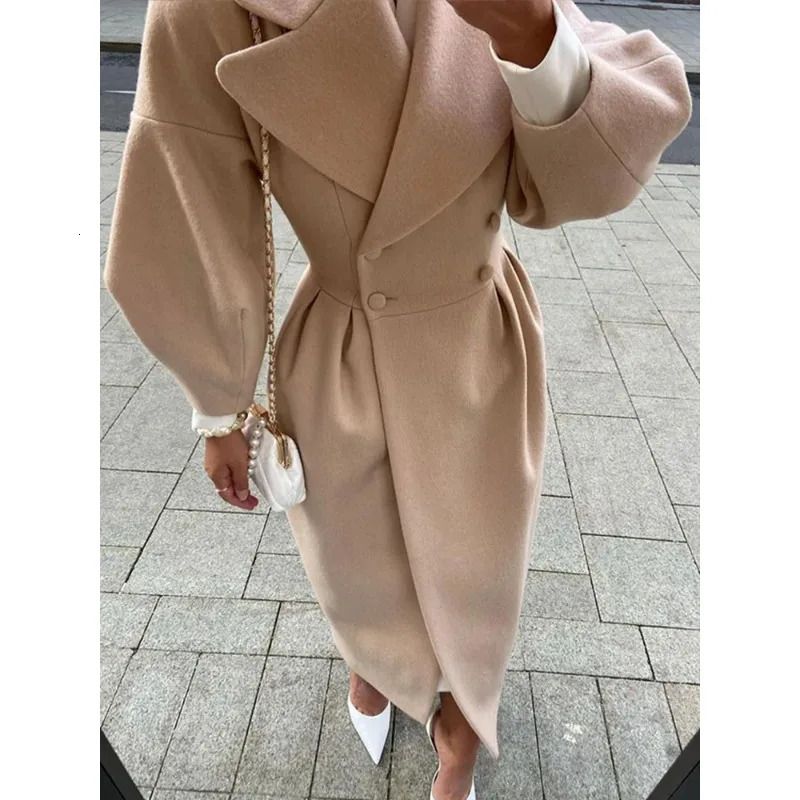 Women's Wool Blends Women Lapel Lantern Sleeve Long Jackets Solid Double Breasted Waist Fold Woolen Coat Winter Thick Warm Female Elegant Outwear