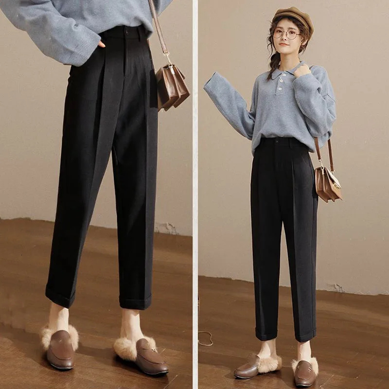 Women's Pants Capris Lucyever Vintage Women's Woolen Pants Autumn Winter Thickened Warm Pencil Trousers Female Elegant Slim Ankle Length Har