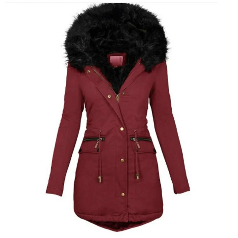 Women's Down Parkas Winter Slim Fit and Slim Women's Solid Color Wool Collar Hooded Mid length Warm Zipper Cotton Coat 231025