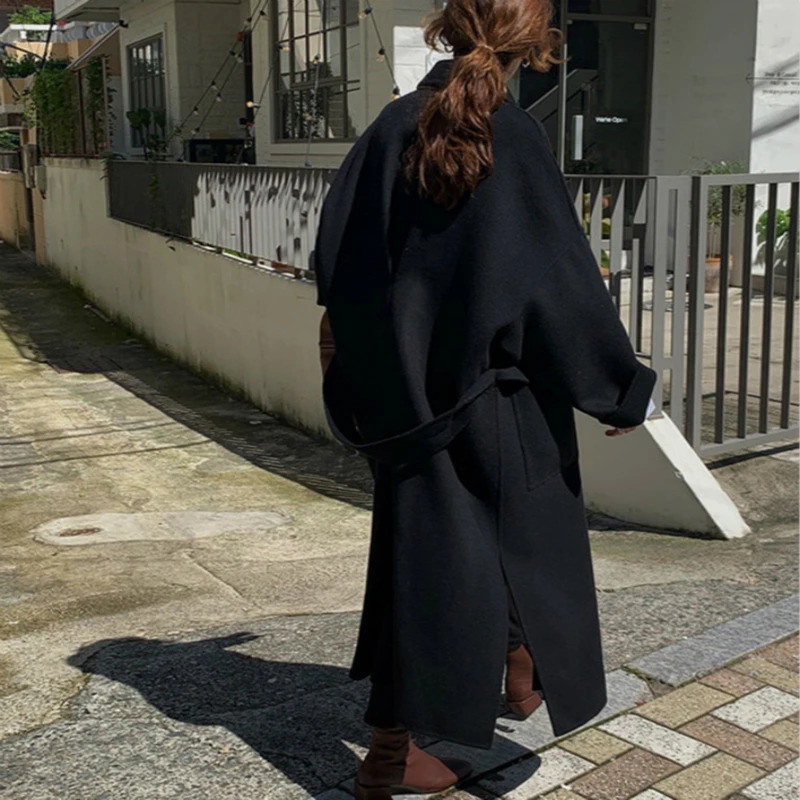 Women's Wool Blends Korea Autumn And Winter Woolen Overcoat Women X-Long Loose Lacing Belt Black Gray Double Sided 100% Wool Coat Jacket 231025