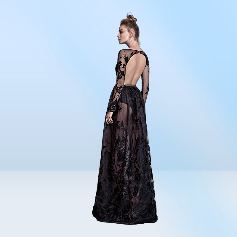 Berta Evening Dresses With Long Sleeve Backless Illusion Sexy Design Prom Dress Party Evening Wear Tulle Applique Womens Clot