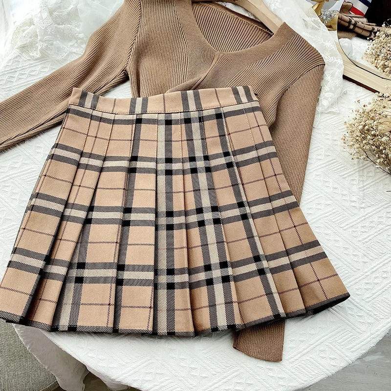 Skirts Contrast Color Plaid Striped Skirt Korean Version of Pleated Skirt Autumn High Waist A Line Plaid Mini Skirt Student Style Sweet 231025