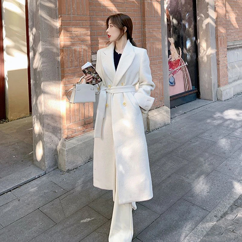 Women's Wool Blends Elegant Long Wool Coat Women Belt Bandage Outwear Korean Oversized Cardigan Woolen Overcoat Winter Lace Up All Match Jackets 